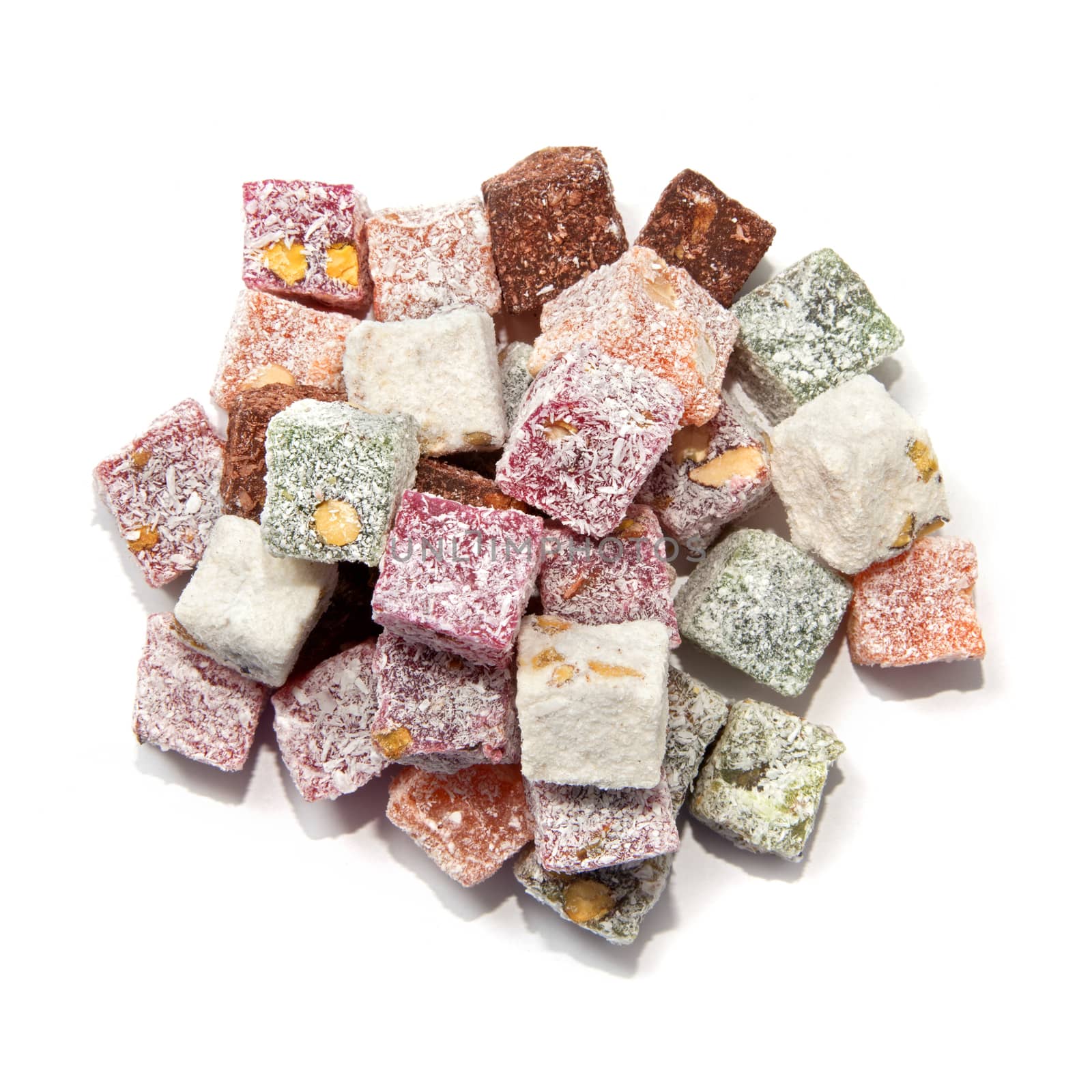 Turkish delight over white background, view from above