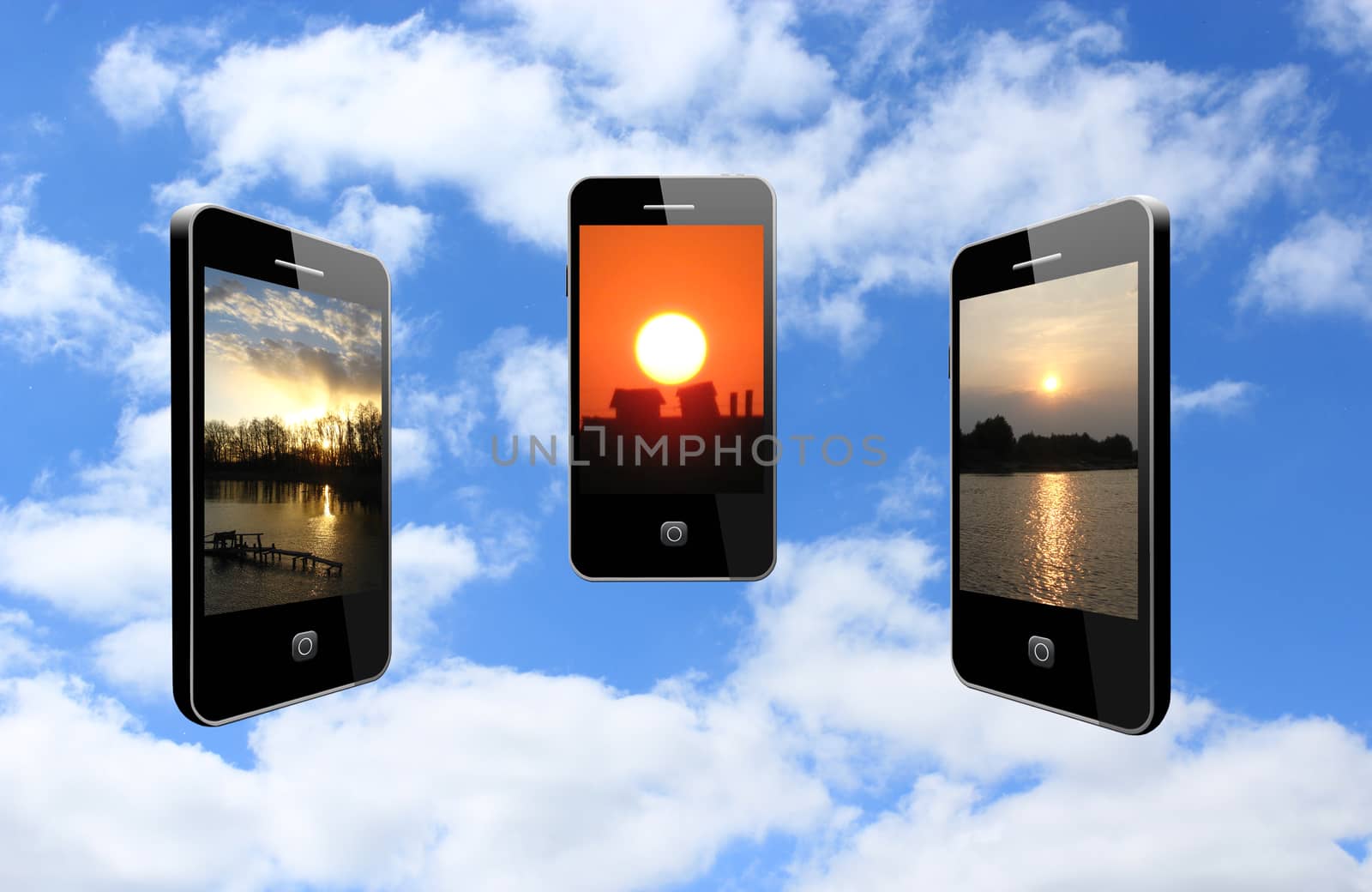 three mobile phones with different sunsets by alexmak