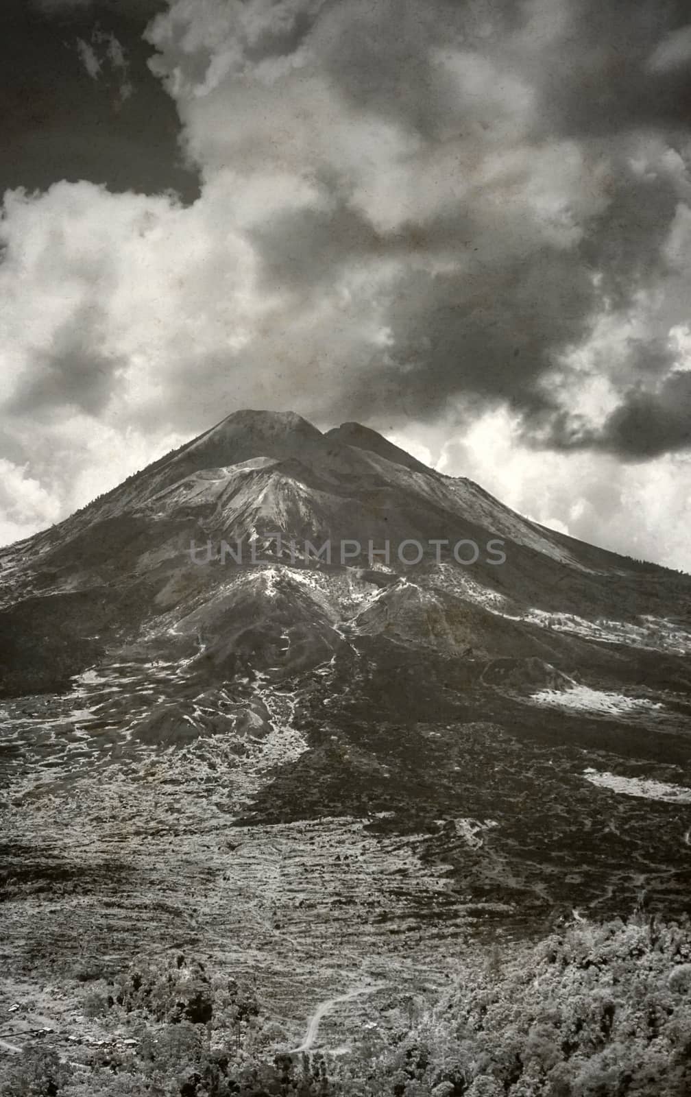 Landscape with old Indonesian volcano in Bali, Black and White toned photo