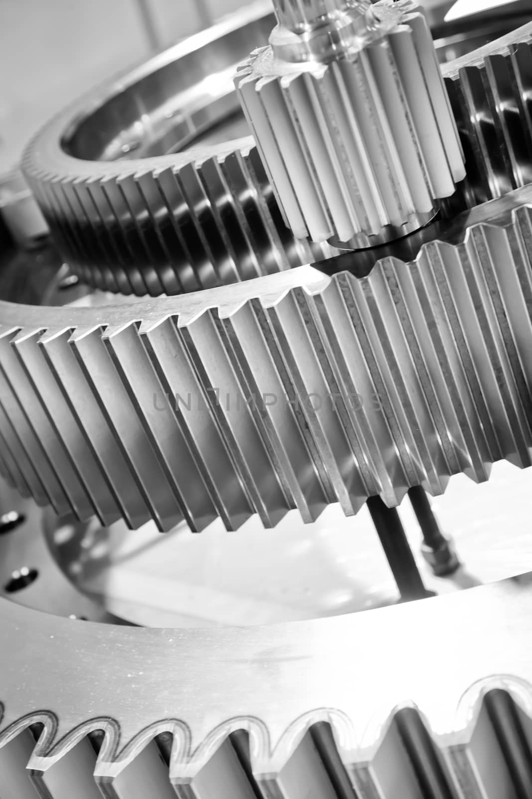 gears, nuts and bolts, great technology background or texture, BW photo with shallow DOF