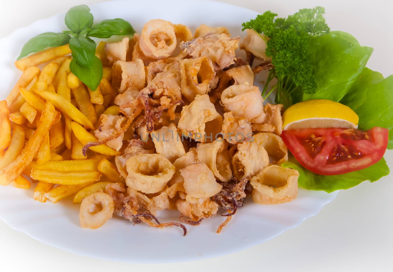 fried calamari, fried squid with lemon and french fries