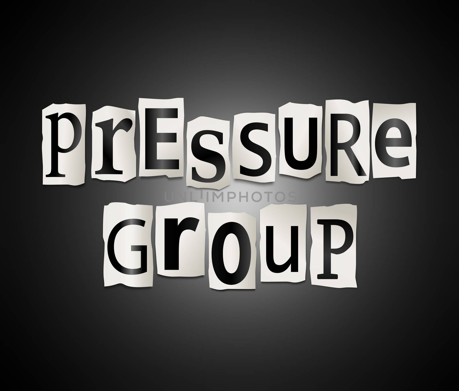 Illustration depicting a set of cut out printed letters arranged to form the words pressure group.