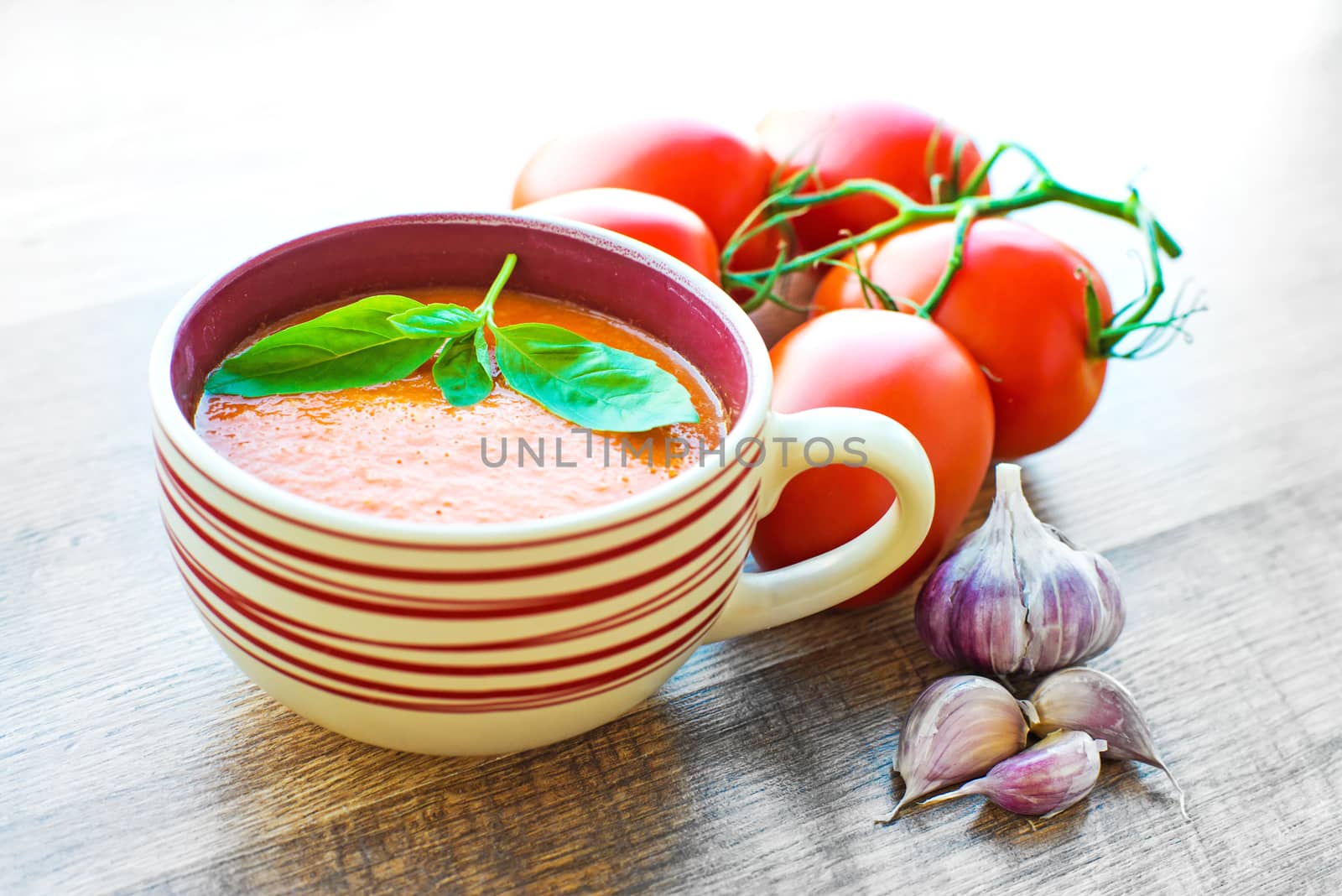 A bowl of tomato soup gaspacho with basil, tomatoes and garlic