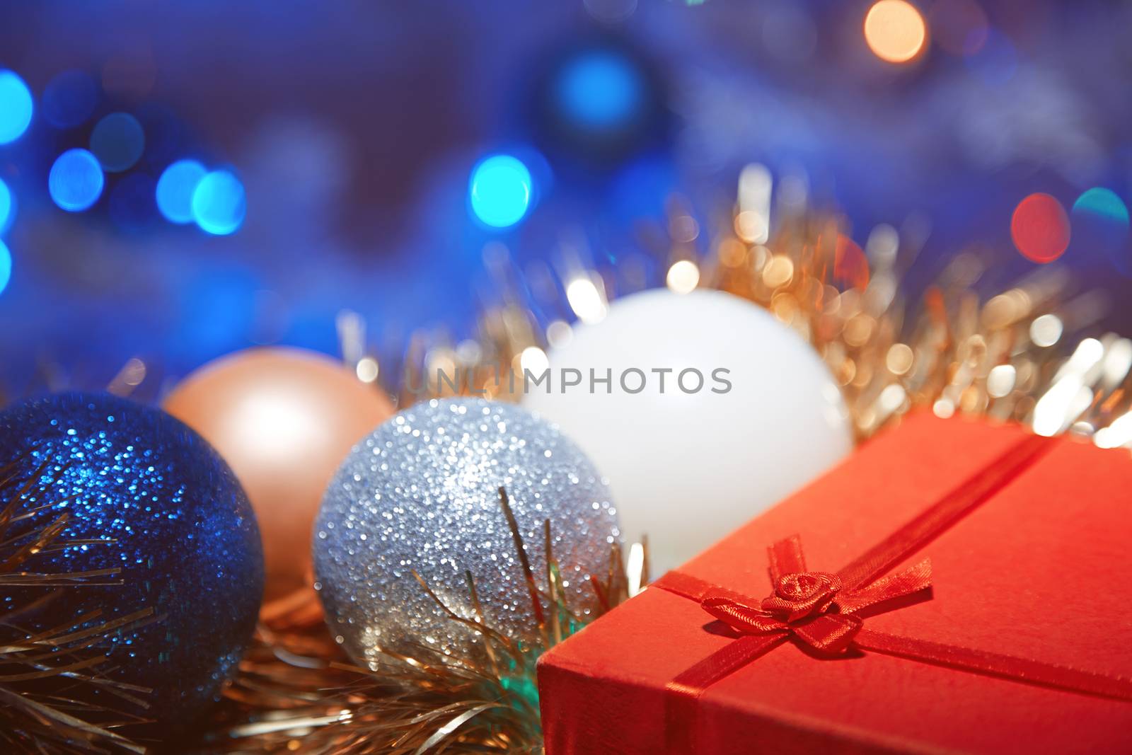 Close-up view on the Christmas decoration and gift box. Horizontal photo