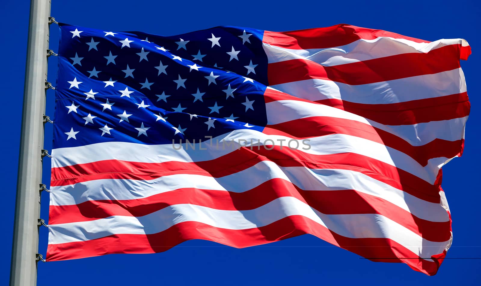 Flag of the USA against a blue sky