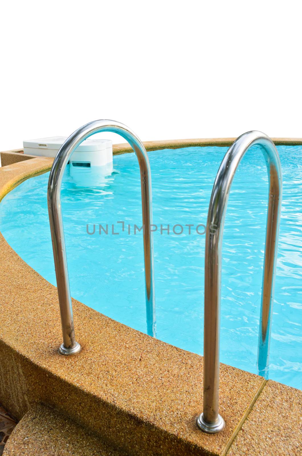 Ladder made of stainless steel and water purifier in the swimming pool on white background
