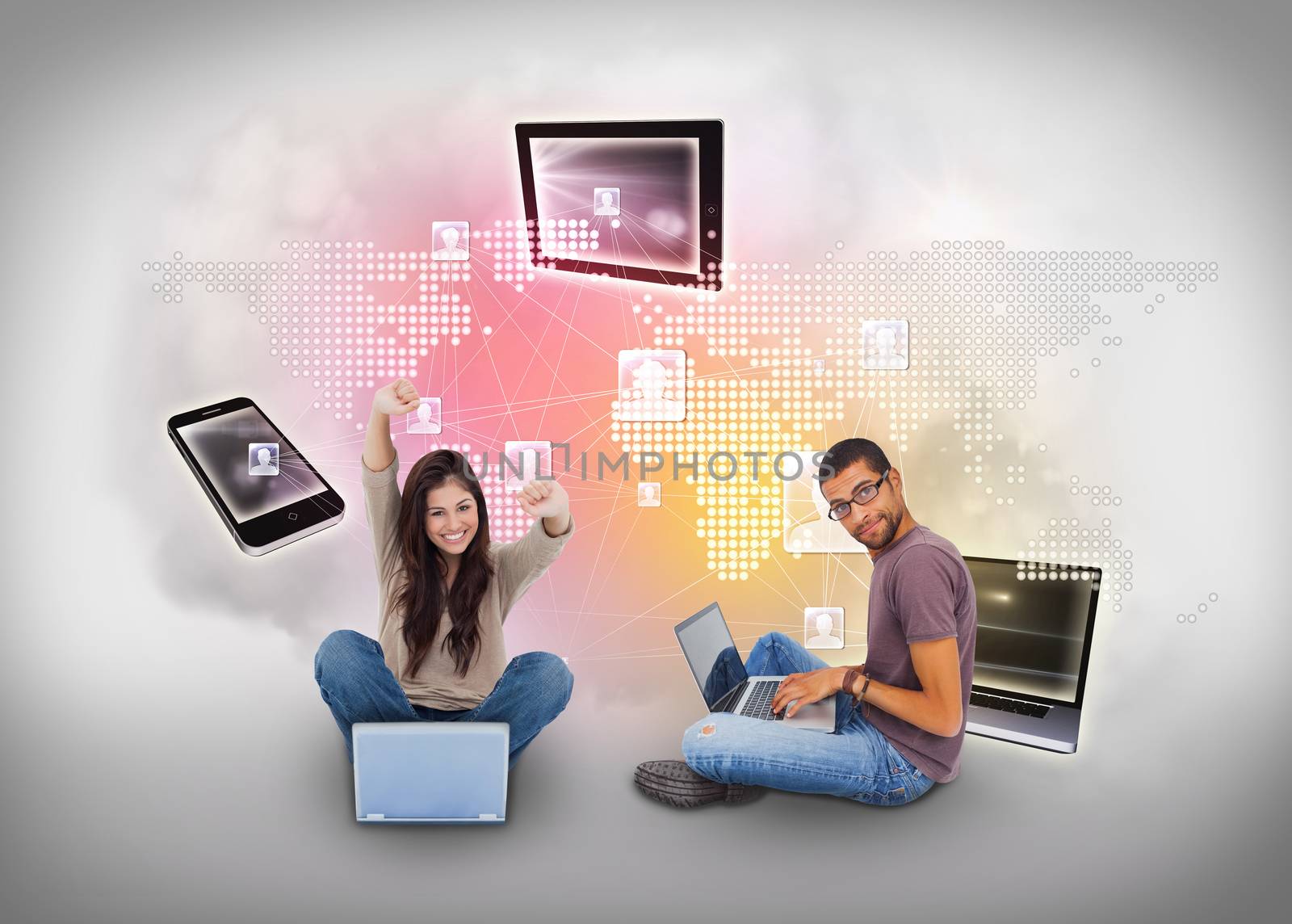 Digital composite of young people using laptops with profiles and map