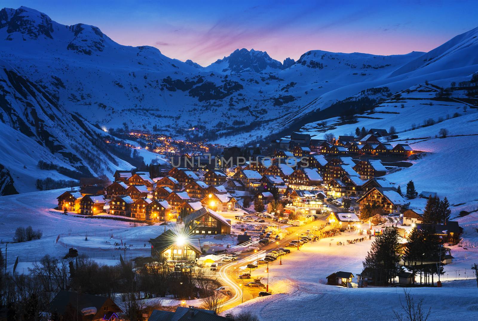 Evening landscape and ski resort in French Alps,Saint jean d'Arves, France 