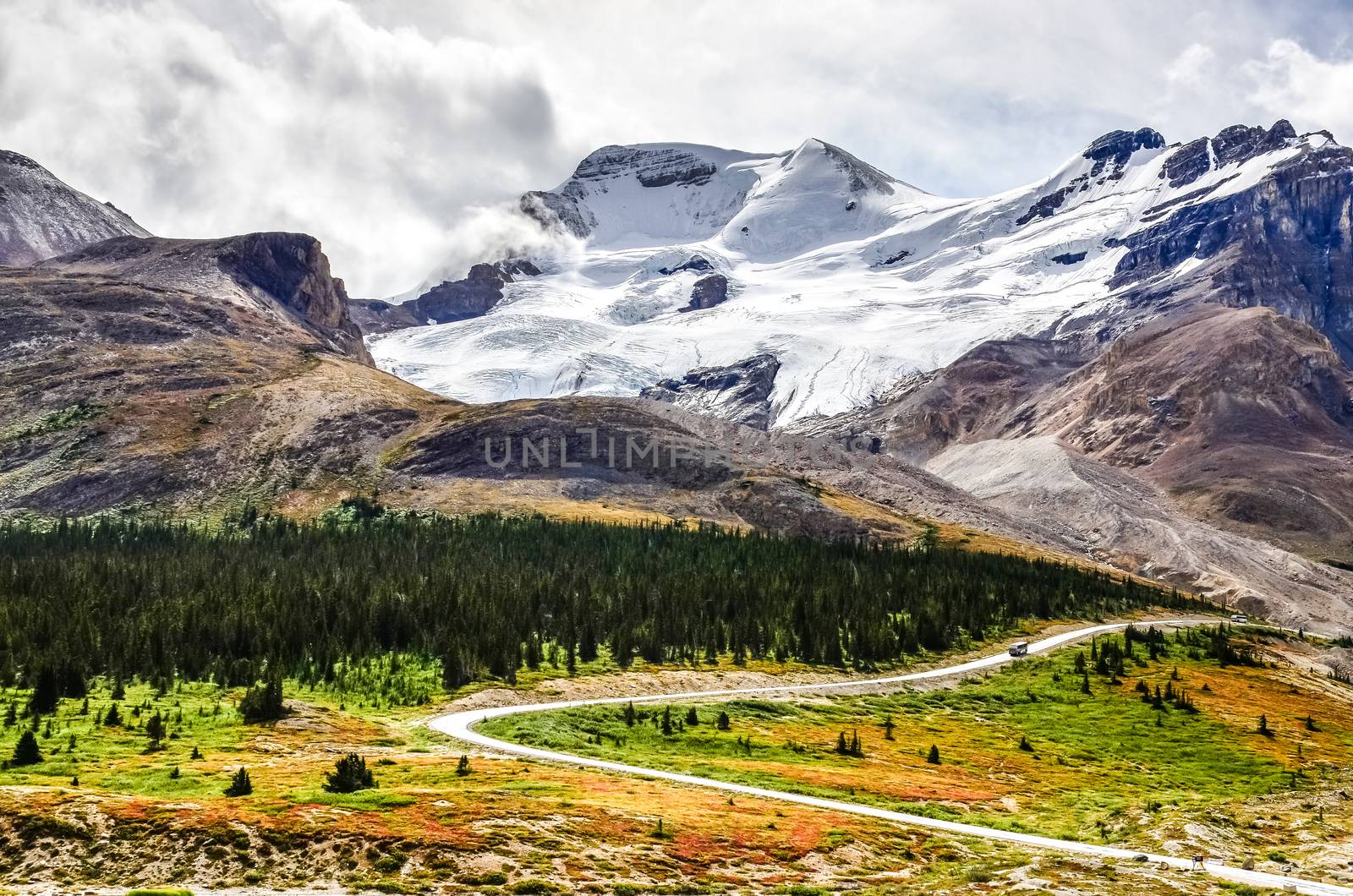 Landscape view of Columbia glacier in Jasper NP, Rocky Mountains, Canada