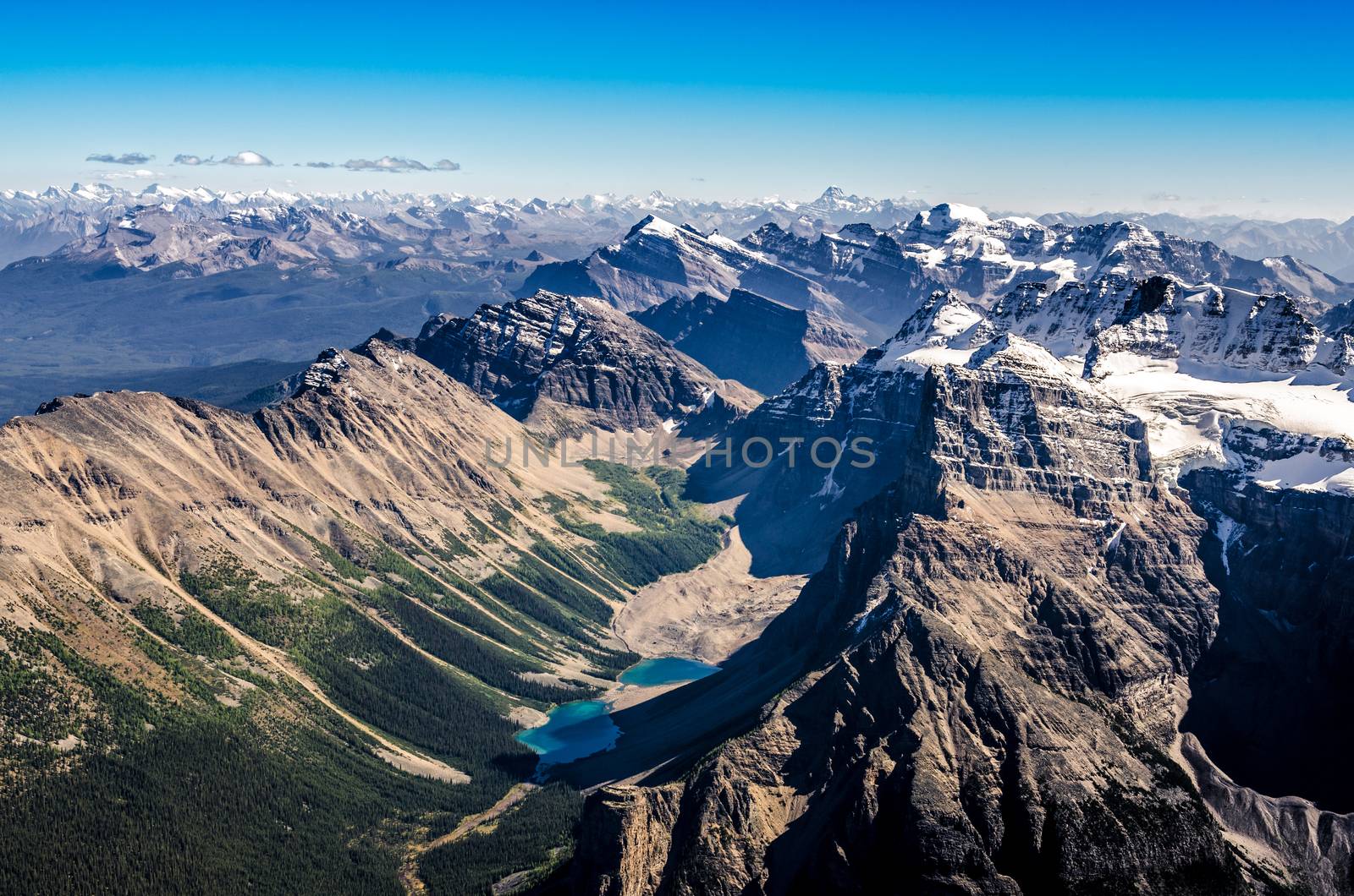 Mountain range view from Mt Temple, Banff NP, Rocky Mountains, Alberta, Canada