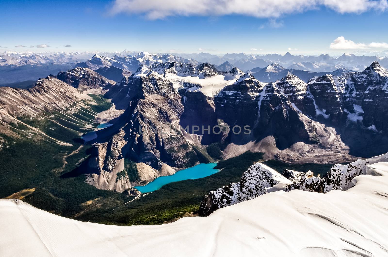 Mountain range view from Mt Temple with Moraine lake, Banff, Rocky Mountains, Alberta, Canada