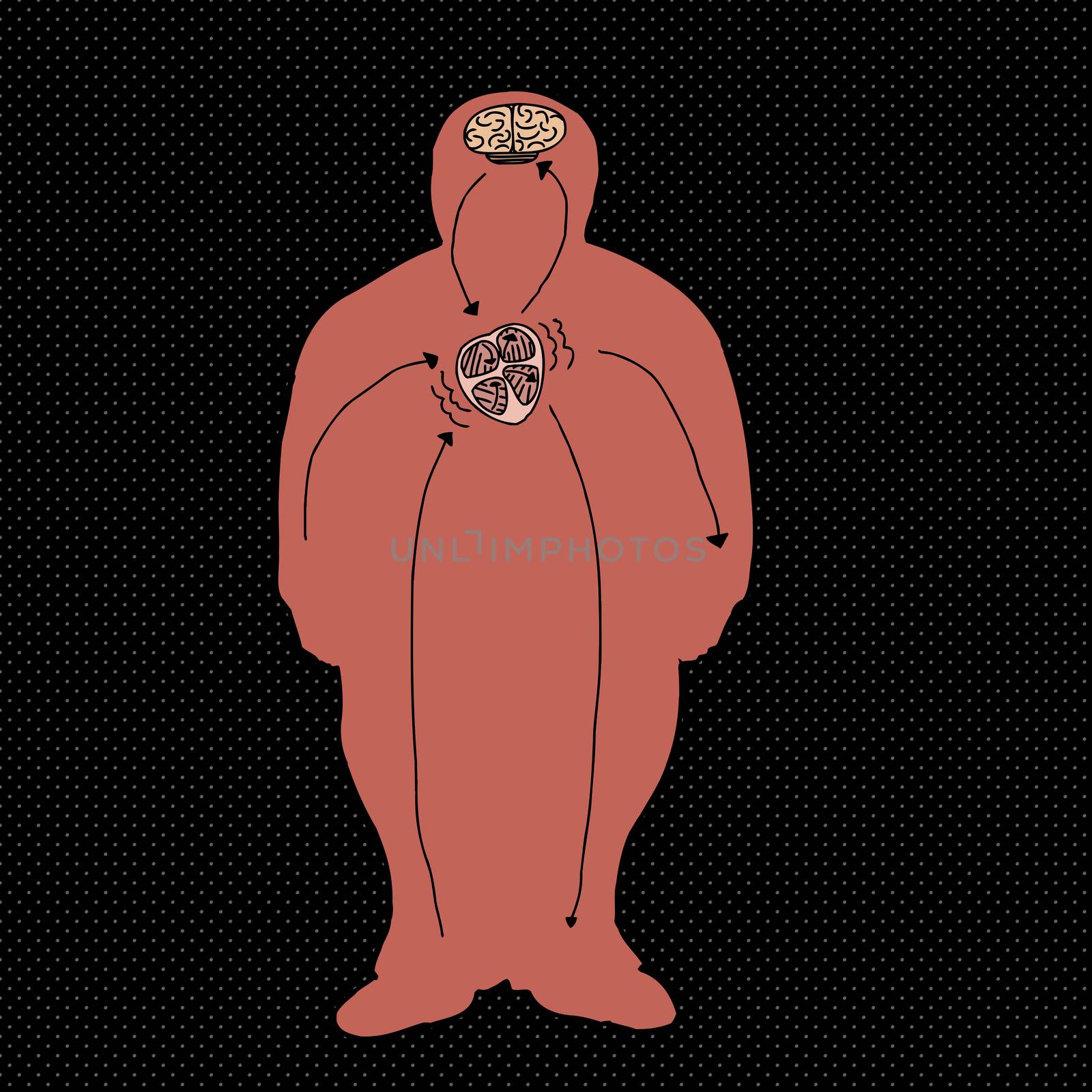 Shape of overweight man with brain and heart symbols