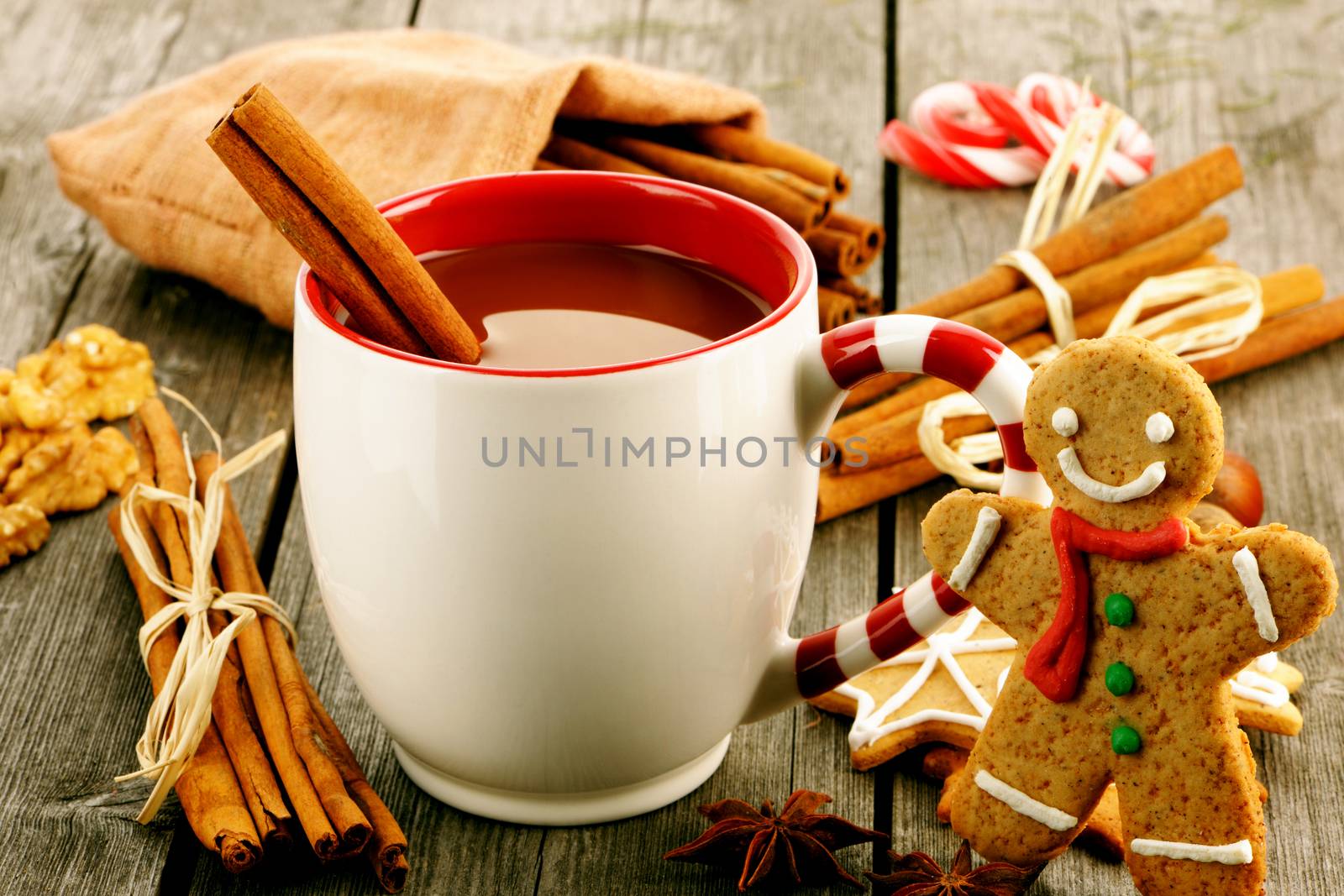 Mug of hot chocolate on wooden table