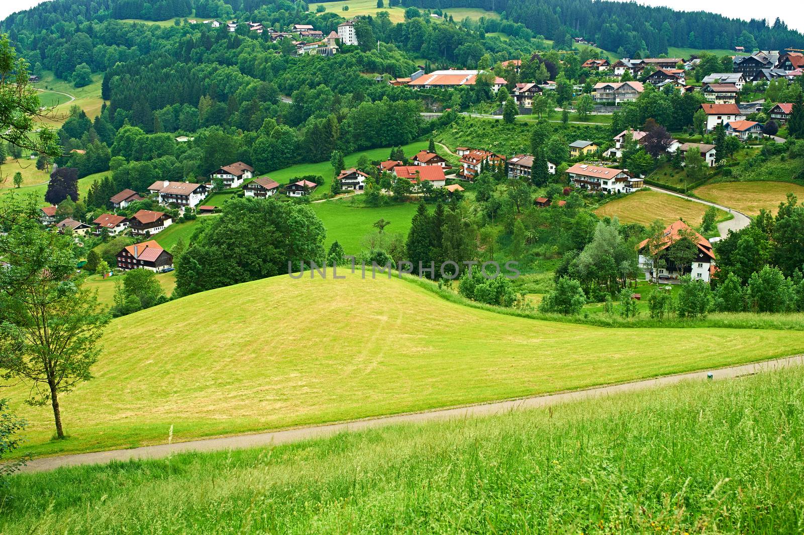 Bavarian landscape at Alps with village by haveseen