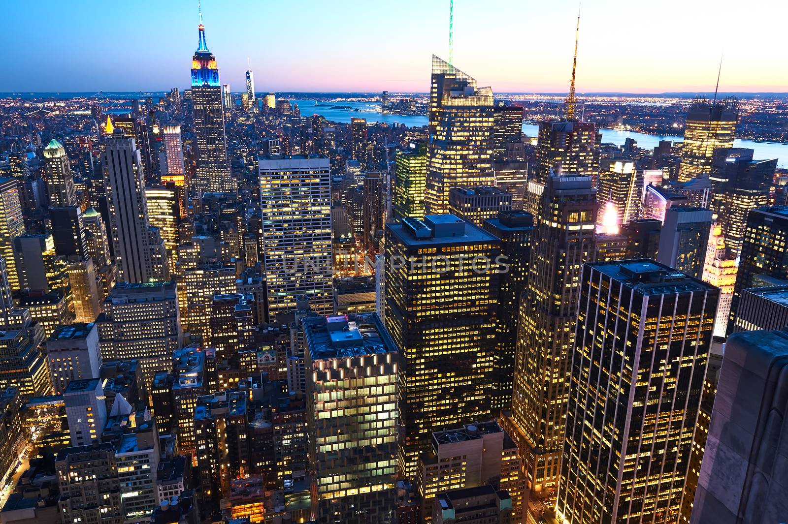 Cityscape view of Manhattan with Empire State Building, New York City, USA at night