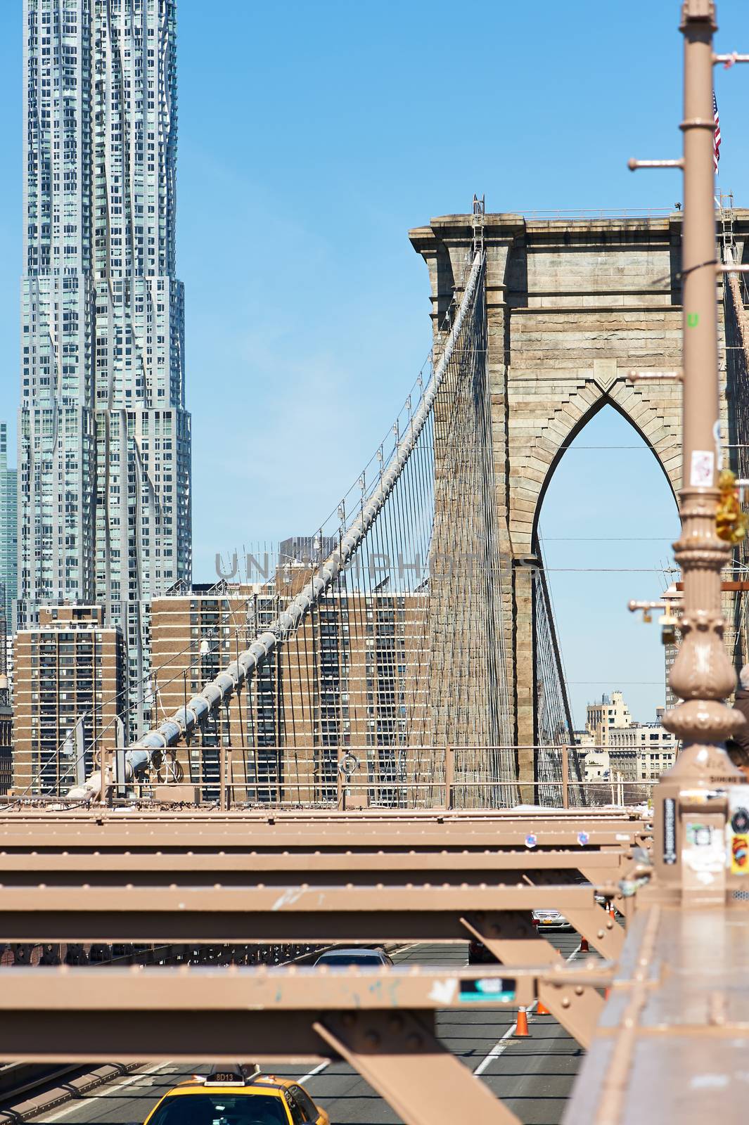 Brooklyn Bridge with lower Manhattan skyline in New York City