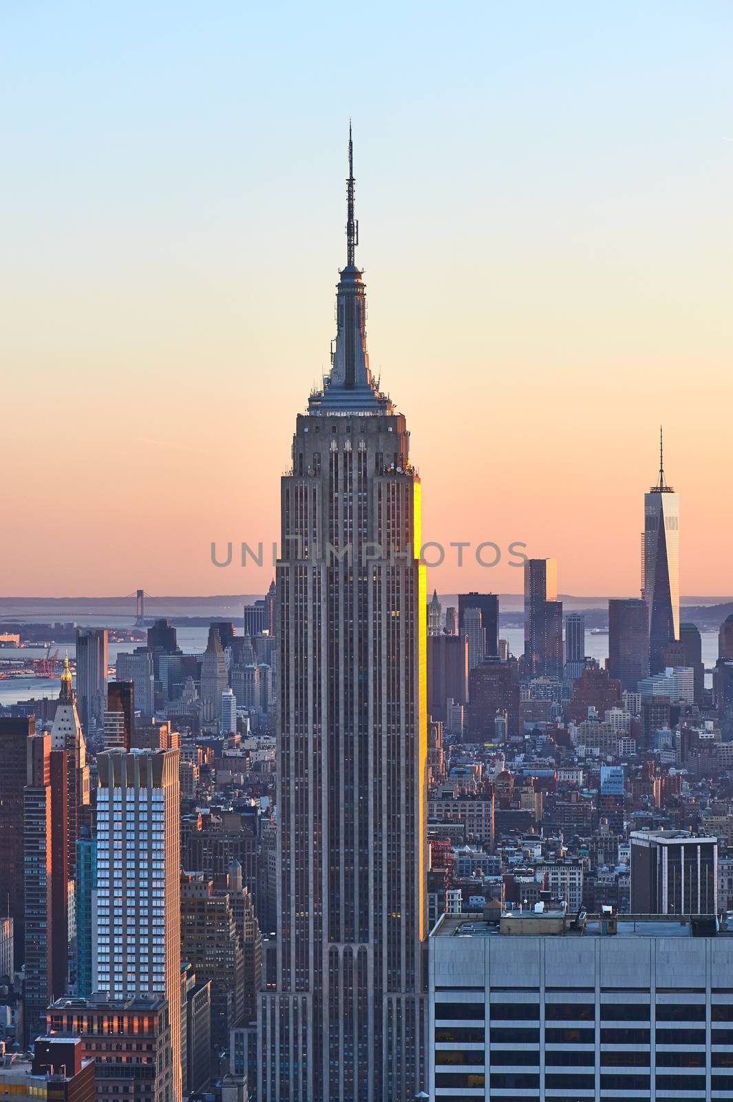 Cityscape view of Manhattan with Empire State Building, New York City, USA at sunset