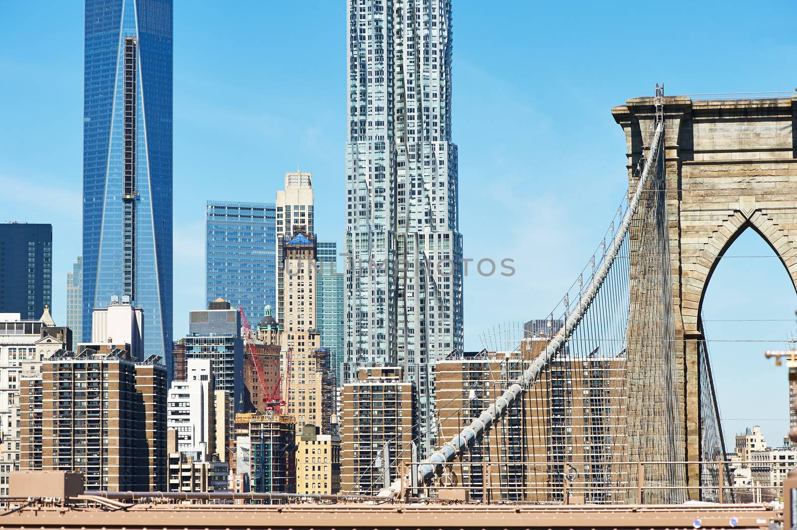 Brooklyn Bridge with lower Manhattan skyline in New York City