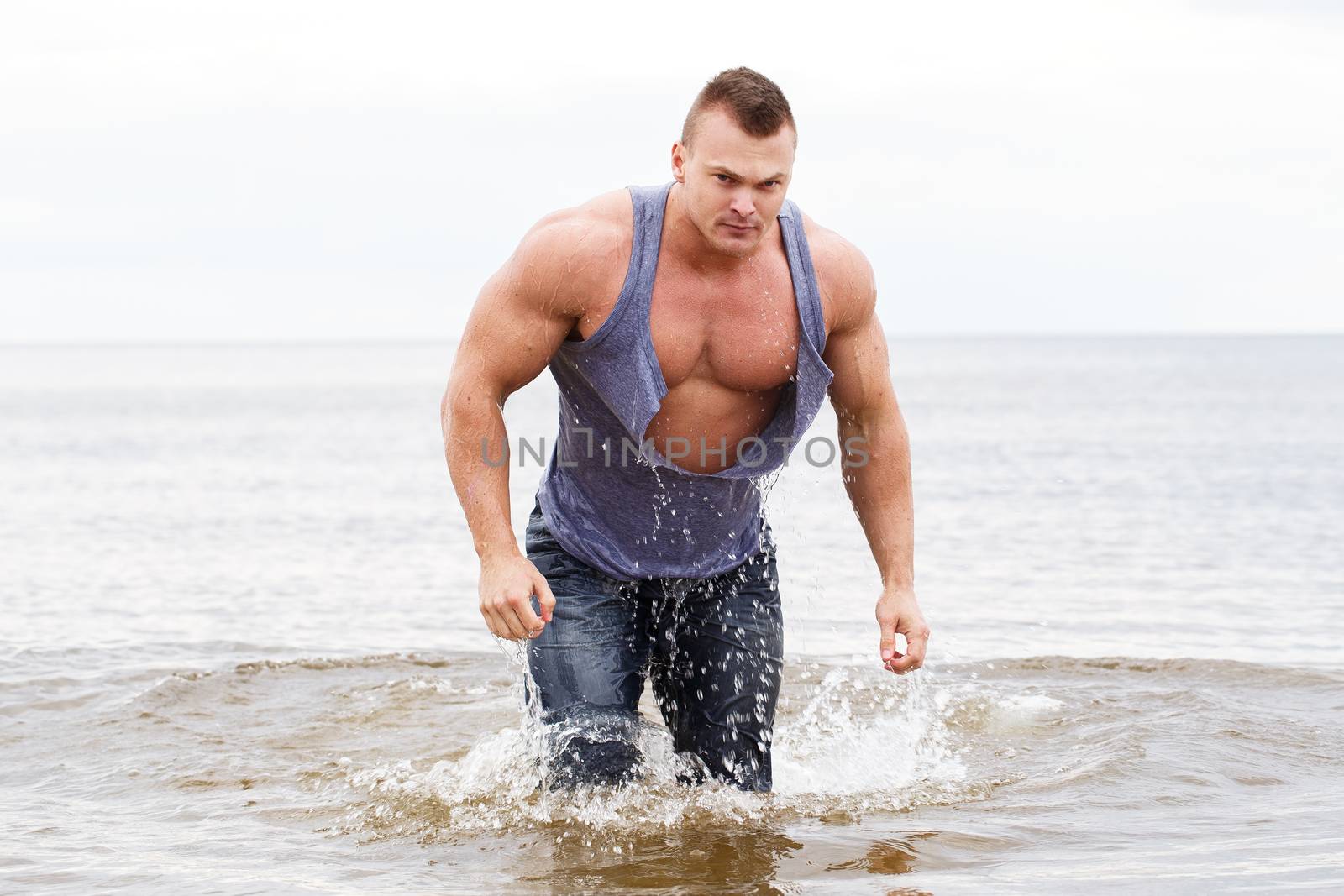 Sport, fitness. Bodybuilder in torn shirt