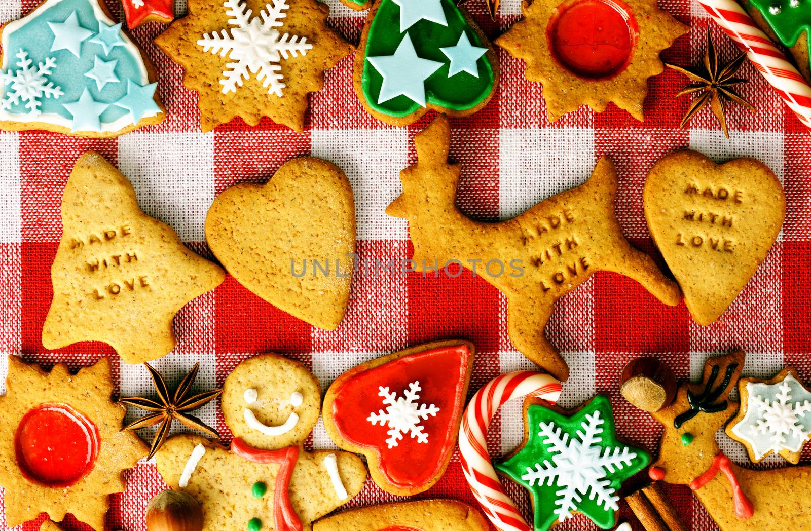 Christmas gingerbread cookies over tablecloth