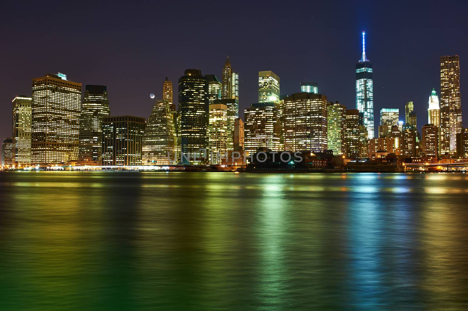 Lower Manhattan skyline view at night from Brooklyn in New York City