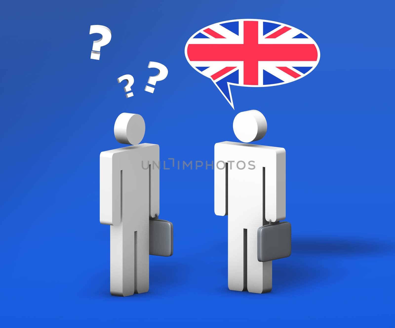 Business English concept with a funny conversation between two 3d people on blue background. The man with the flag on the speech cloud speaks a correct language, the other one no.