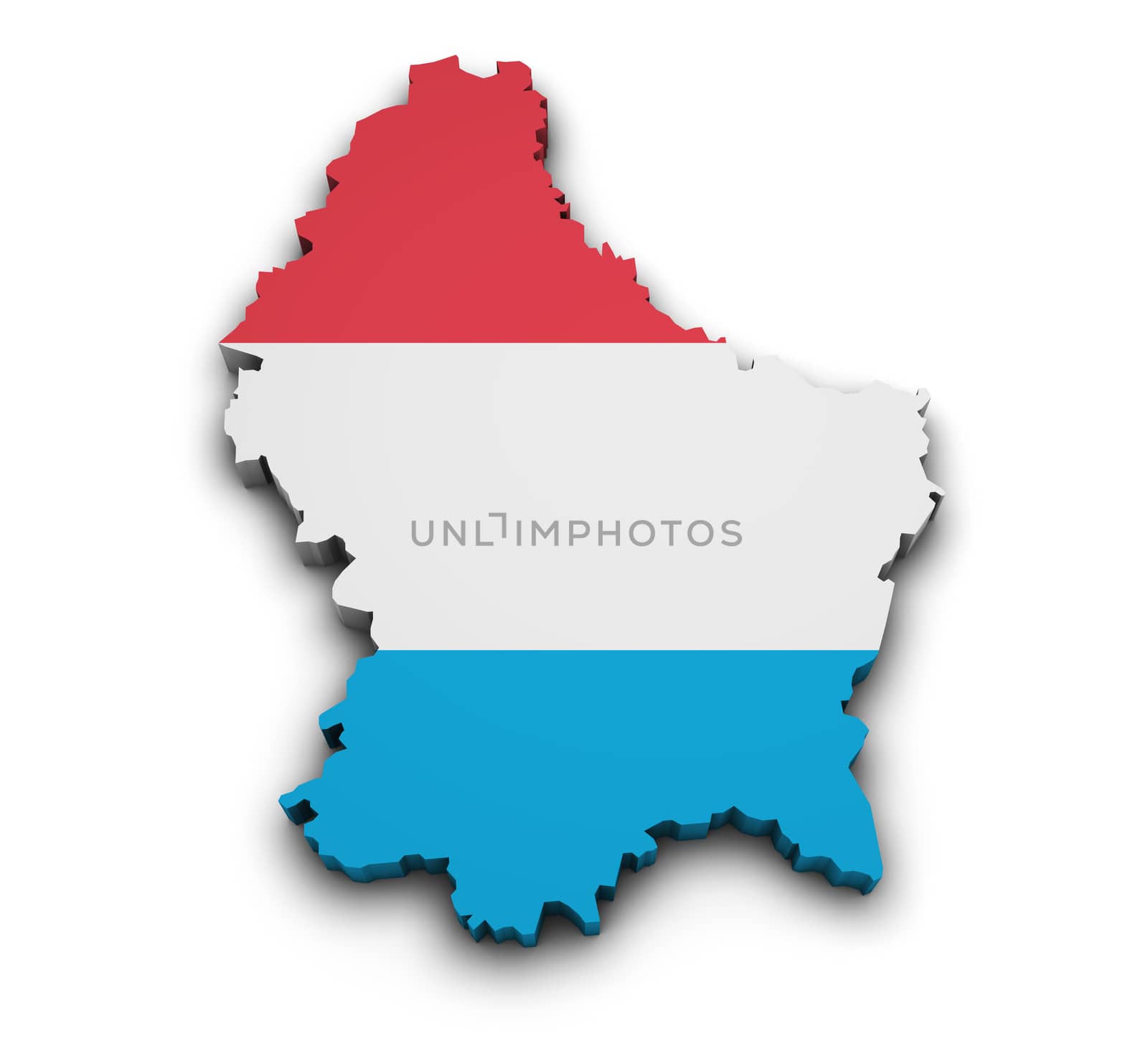 Shape 3d of Luxembourg map with flag isolated on white background.