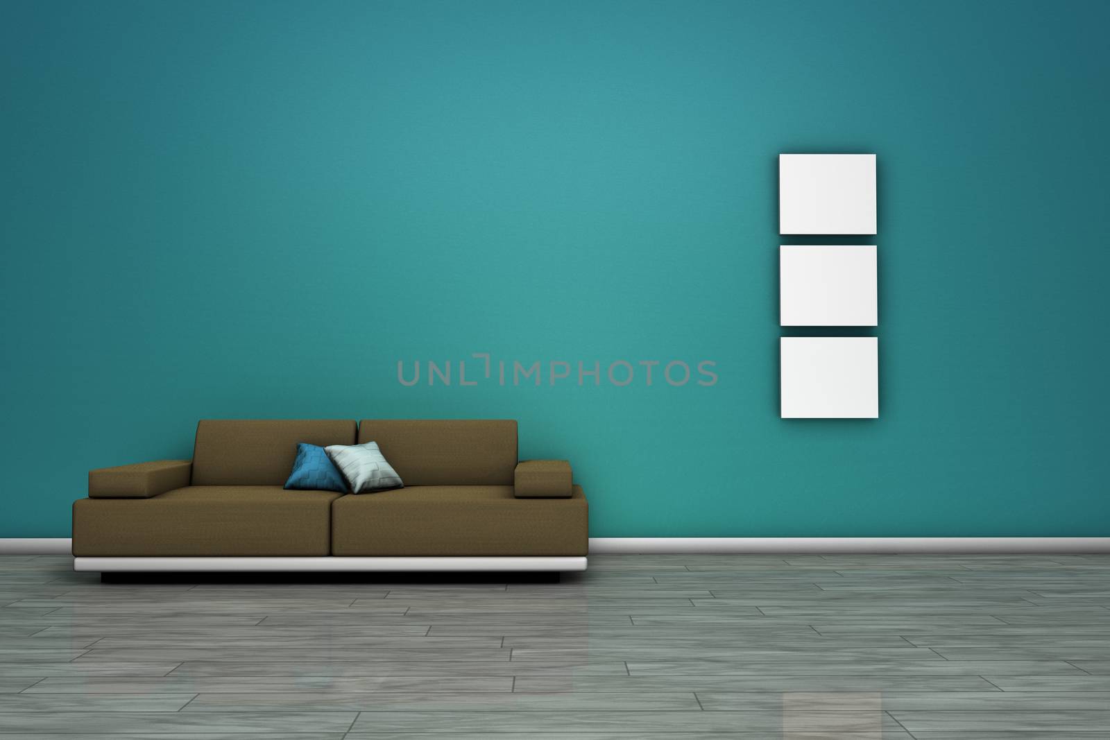 Frontal view of a living room with modern sofa, wooden floor and blank frames with empty space on wall.