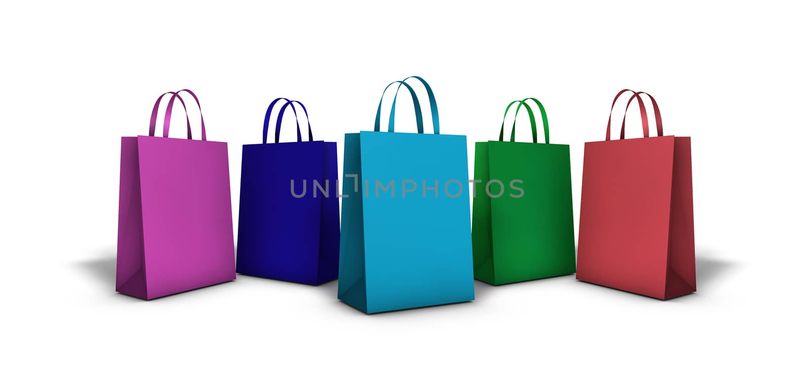 Five colorful shopping bags with blank frontal space for your copy and text on white background.