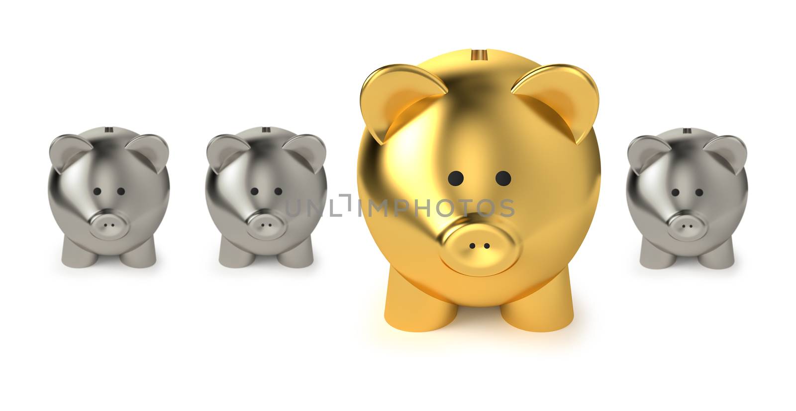 Financial, savings and investment business concept with a big golden piggy bank or money box between three smaller on white background.