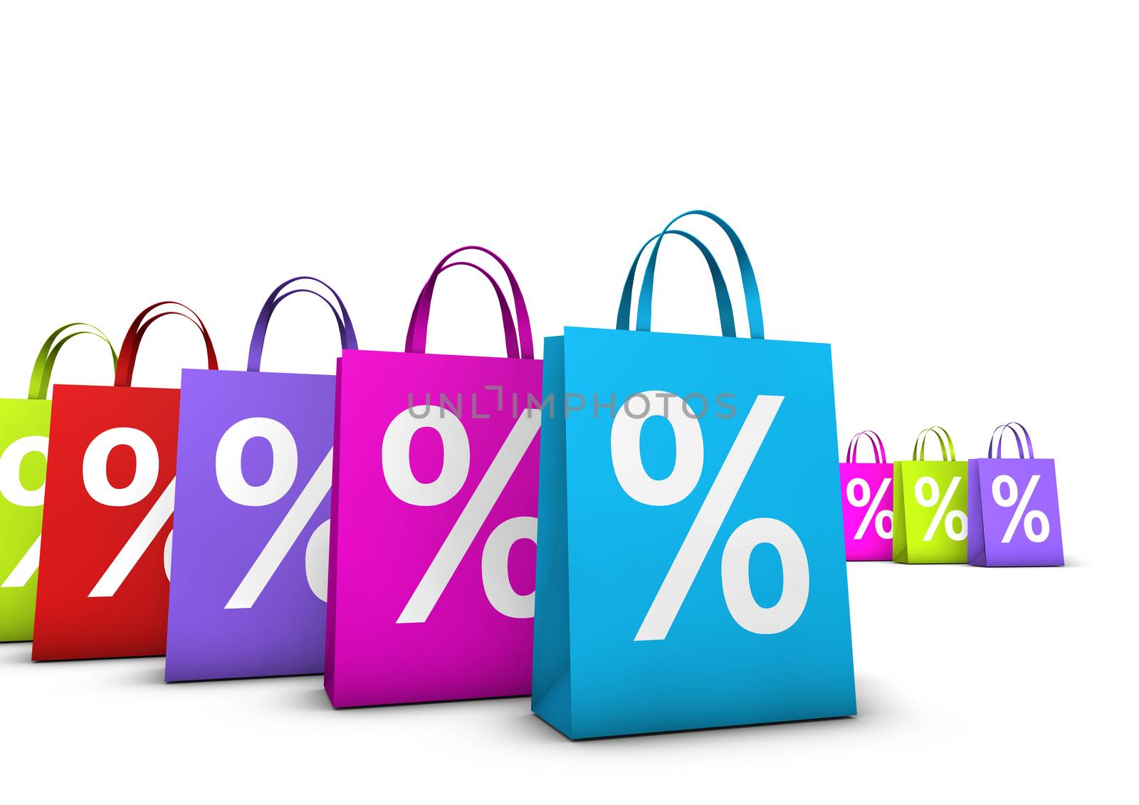 Discount, sale and shops offers concept with a lot of colorful shopping bags with frontal percent symbol isolated on white background.