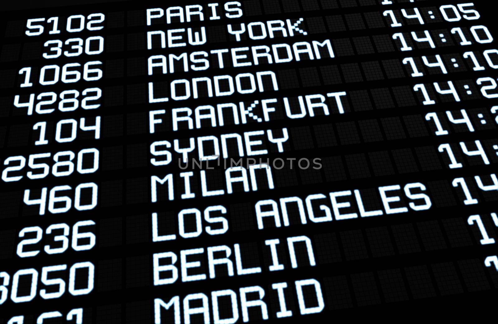 Departures display at airport terminal showing on board international destinations flights to some of the world's most popular cities. Business or leisure travel concept, 3d rendering.