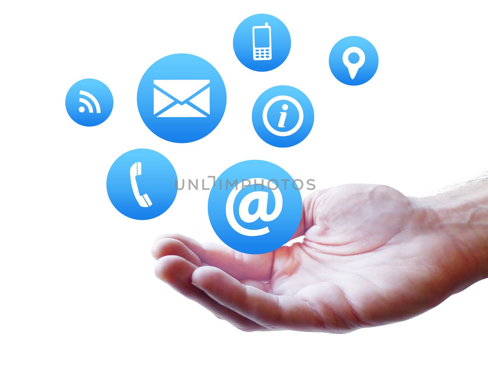 Website and Internet contact us page concept with icon fluttering on a man hand isolated on white background.