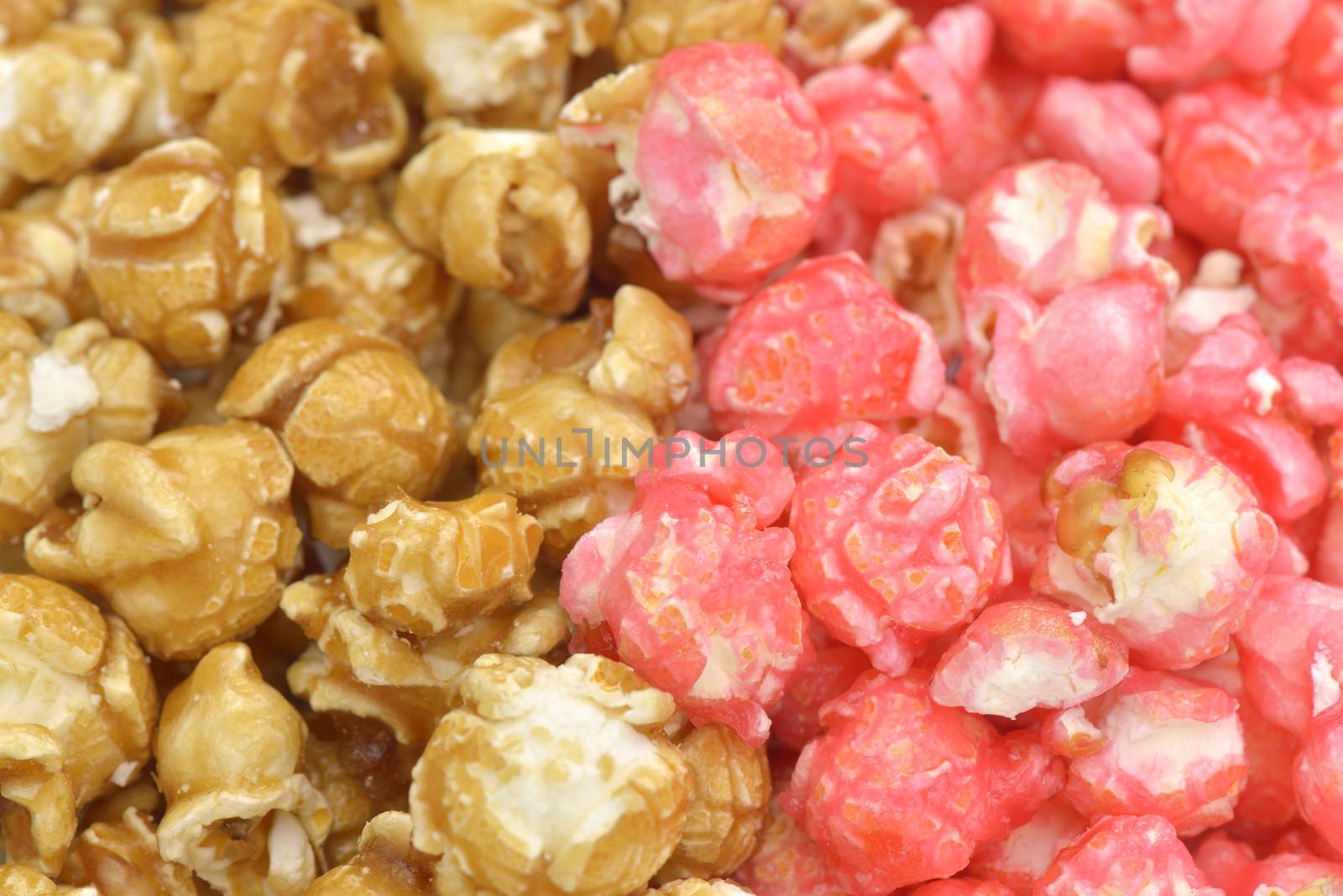 Close-up of pink and caramel popcorn

