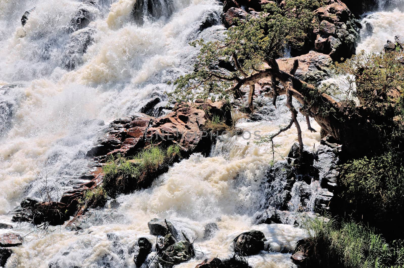 Close-up of the Ruacana waterfalls in Namibia
