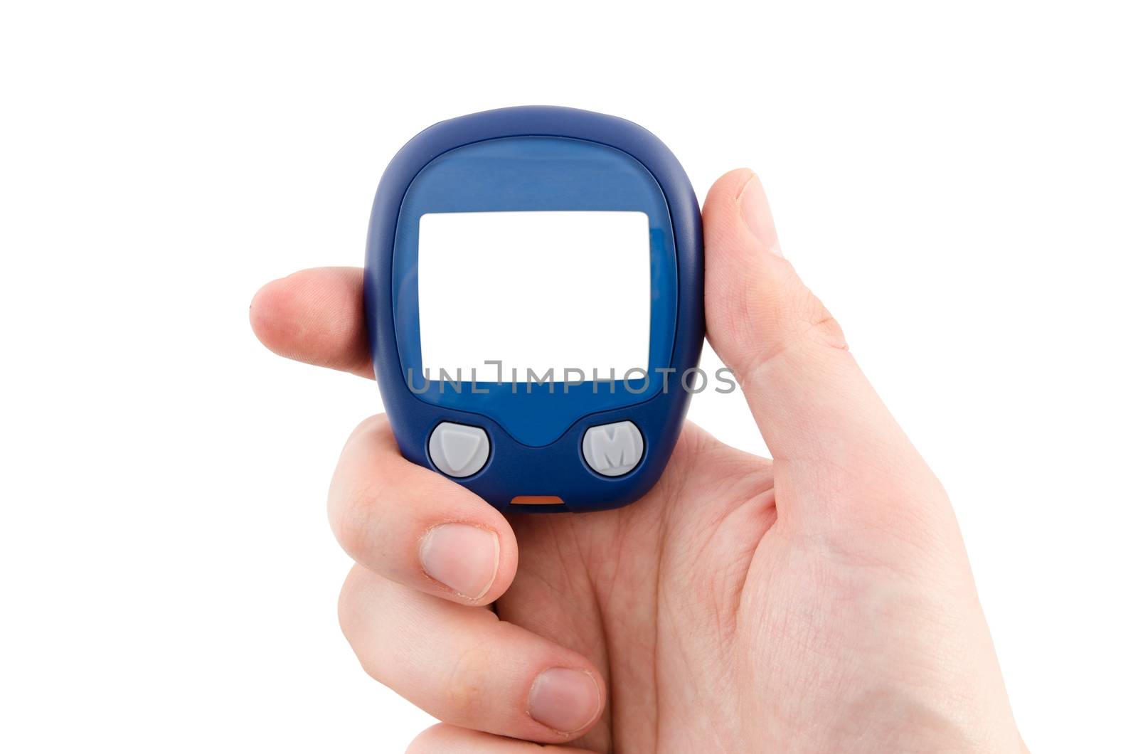 Hand holding glucometer with blank display isolated on white background