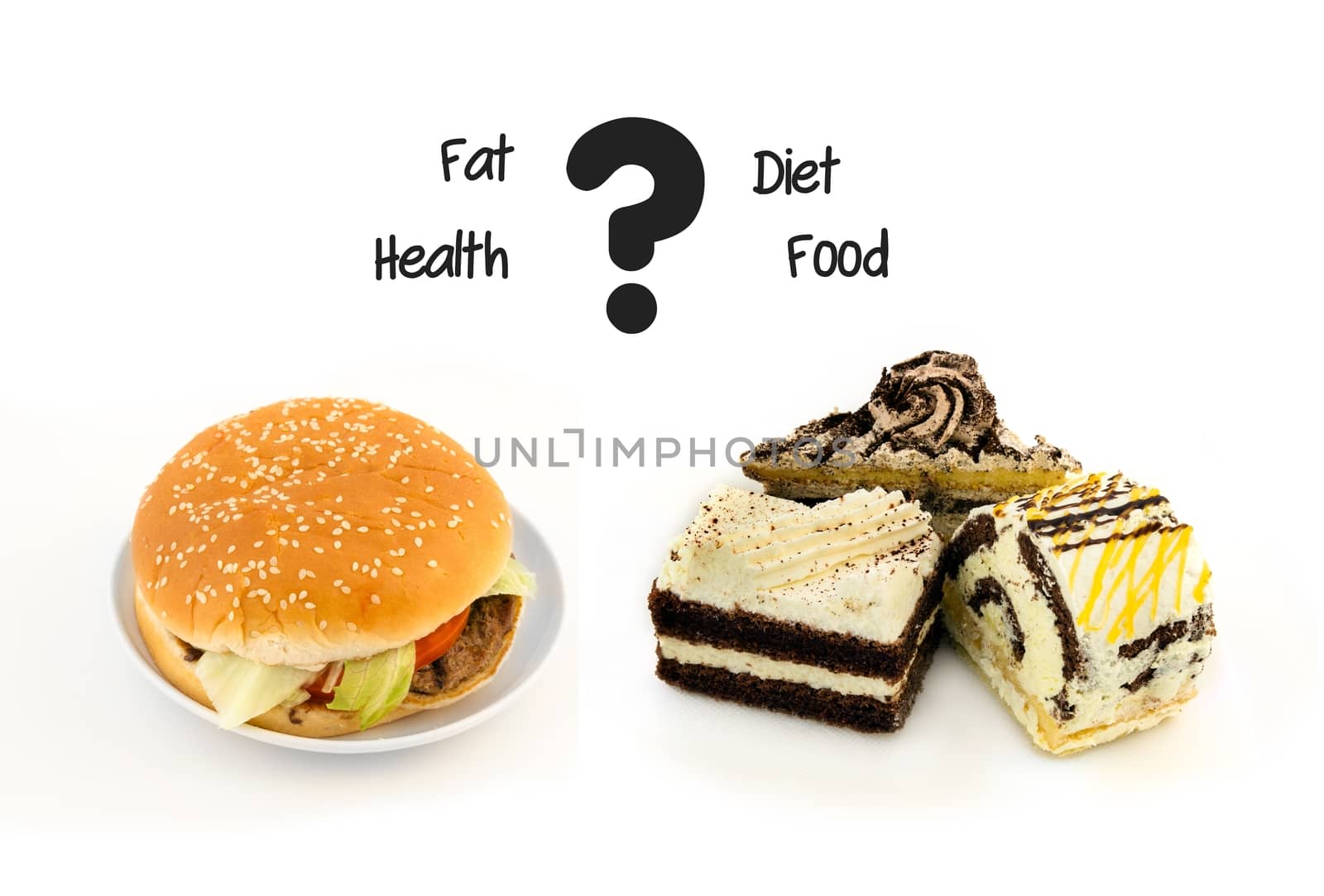 Unhealthy food. Cake with cream and fastfood hamburger