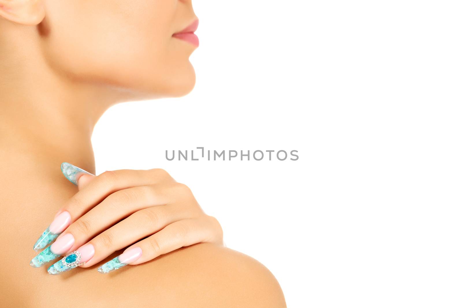Female hand with long fingernails, white background, copyspace
