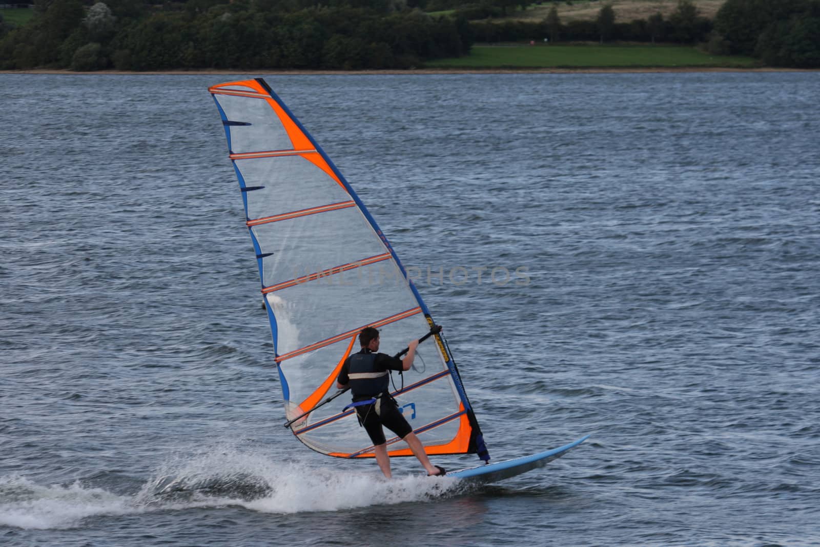 windsurfer on a lake with a blue sail