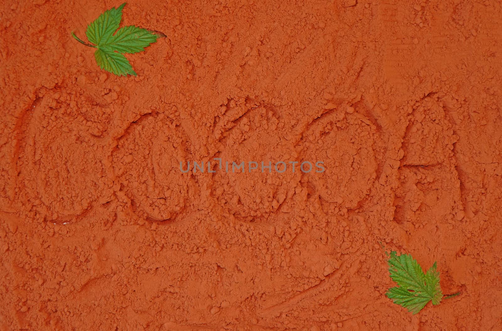 Background of spillage of cocoa powder with the word "Cocoa"                               