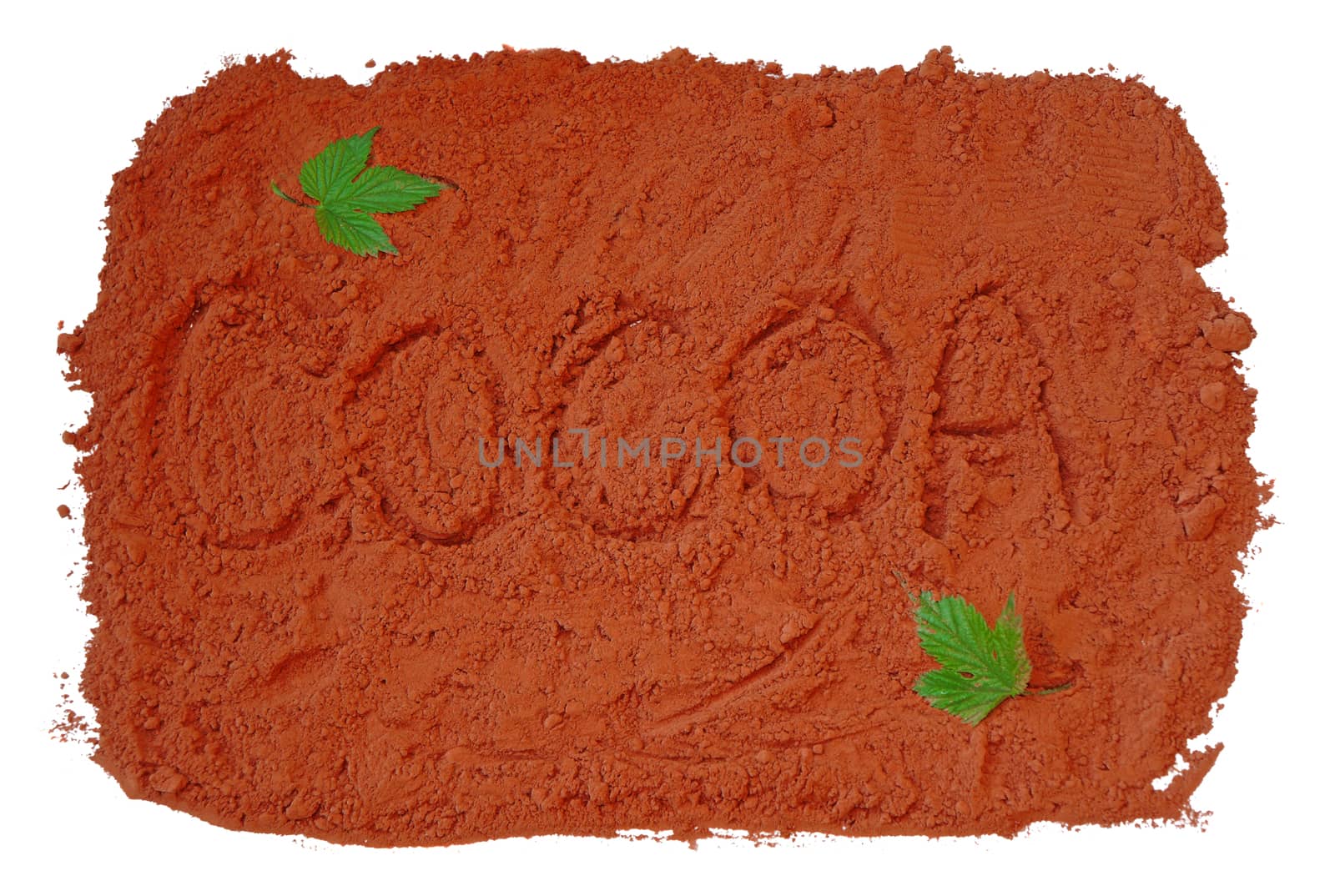 Background of spillage of cocoa powder with the word "Cocoa"