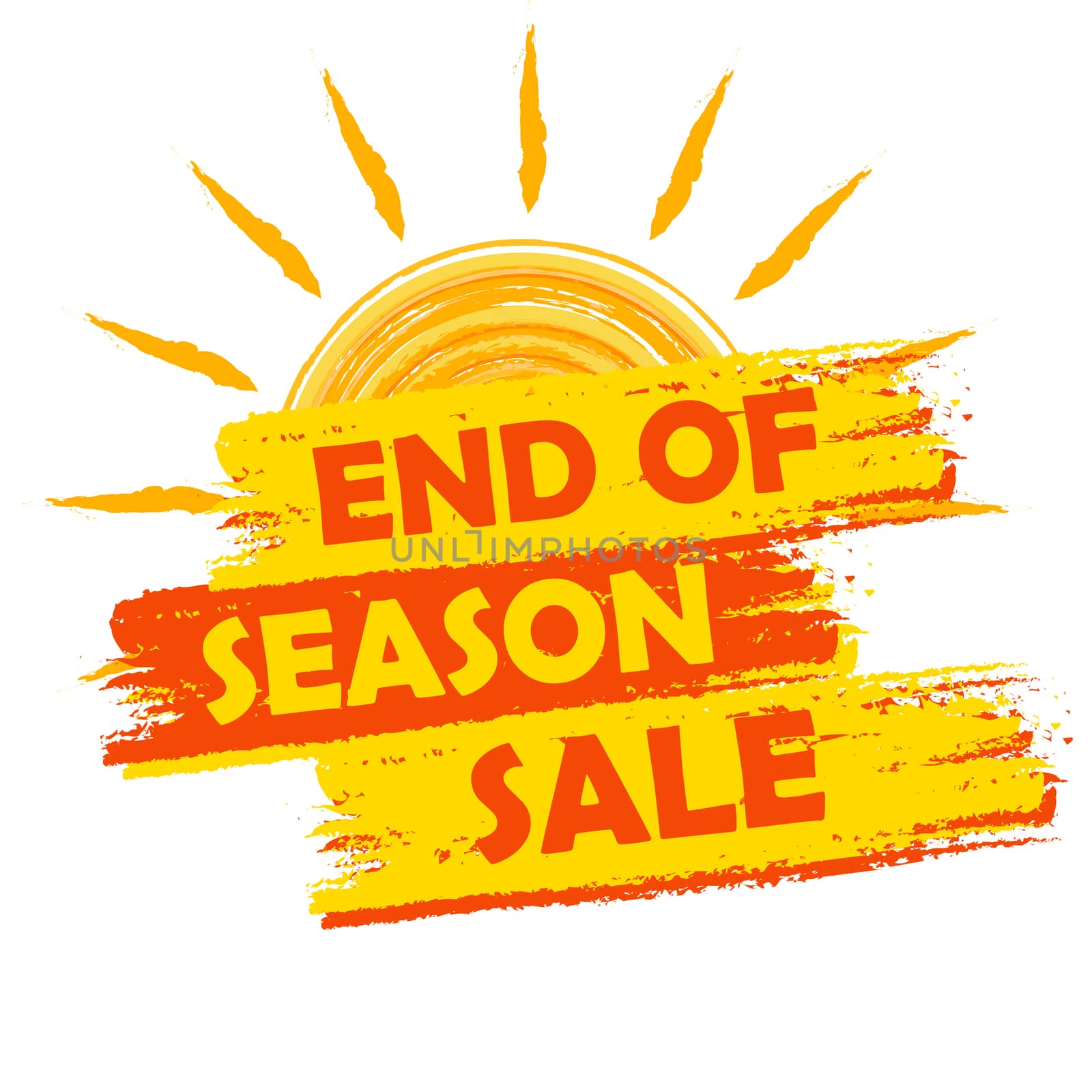 end of season sale with summer sun sign, yellow and orange drawn by marinini