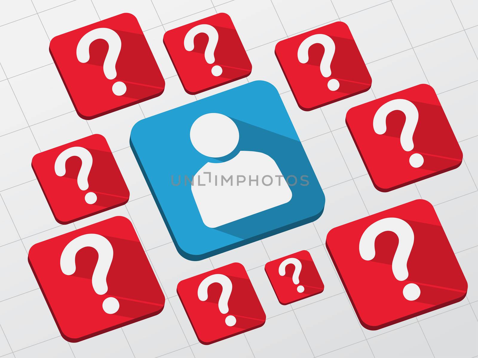 person sign with question marks - white symbols in blue and red flat design blocks, business creative concept