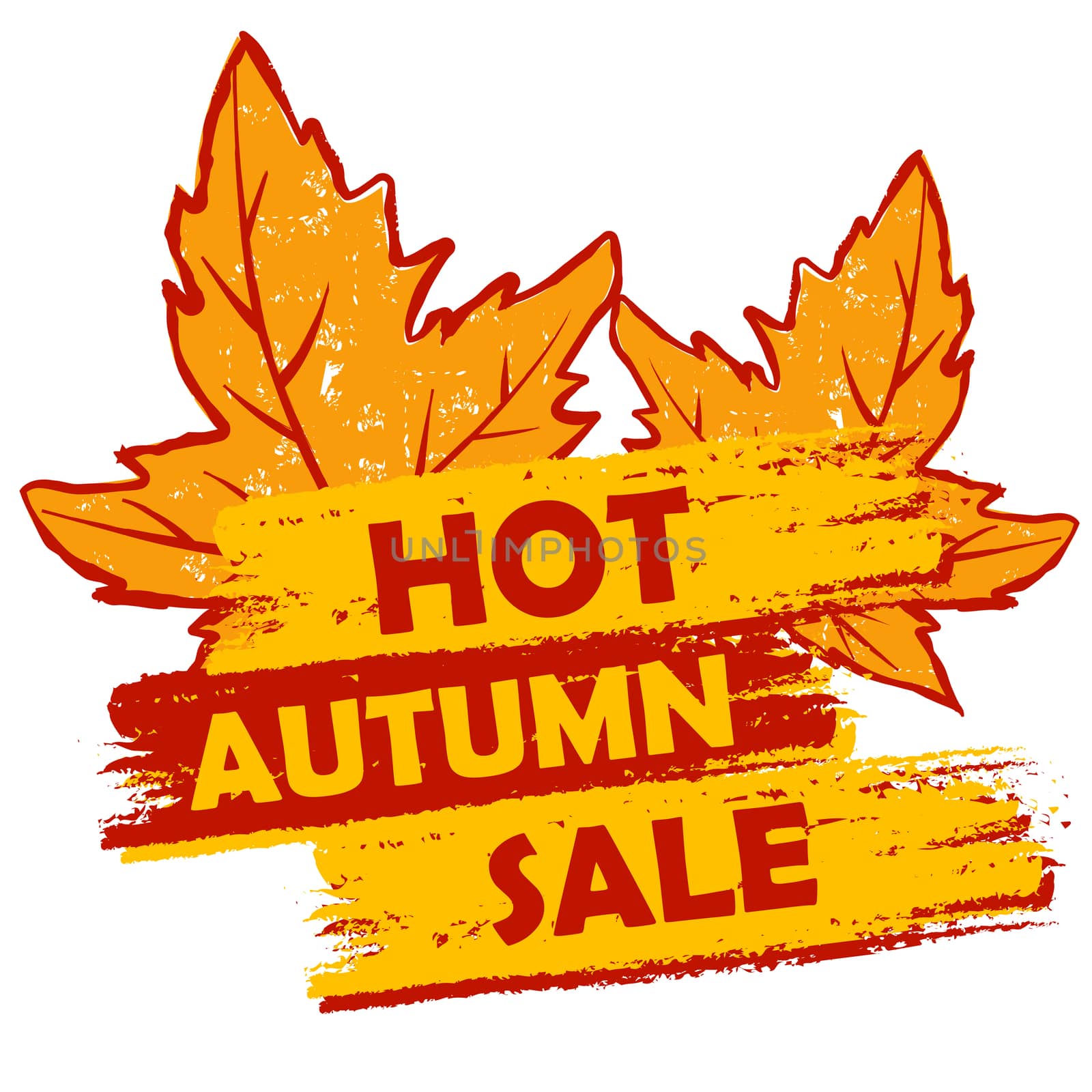hot autumn sale with leaves, orange and brown drawn label by marinini