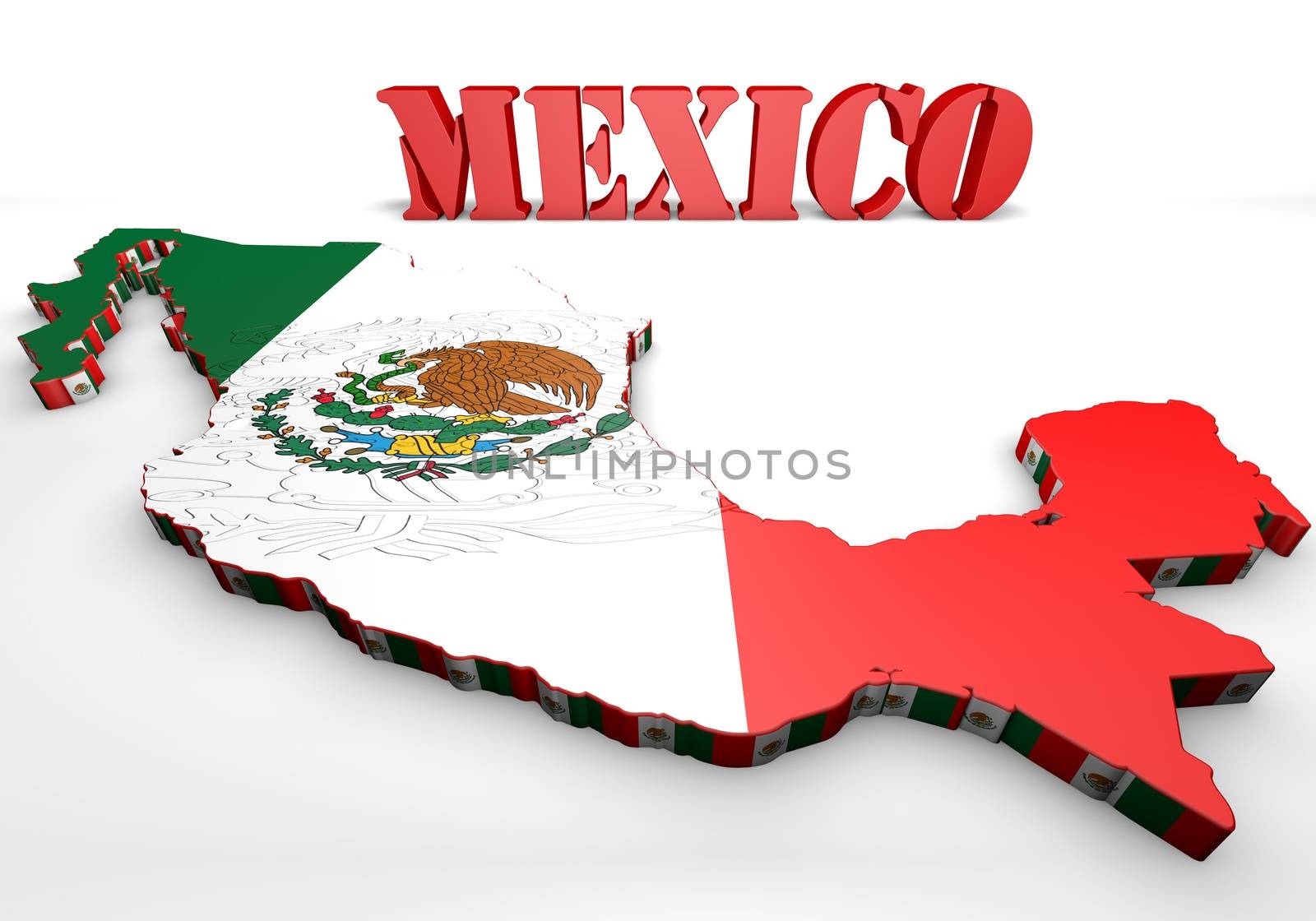 3d map illustration of Mexico with flag and coat of arms