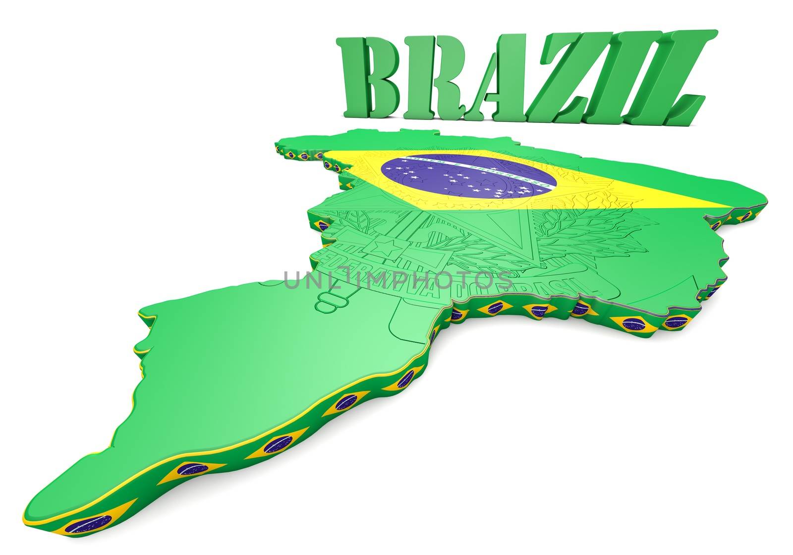 3D map illustration of Brazil with flag and coat of arms