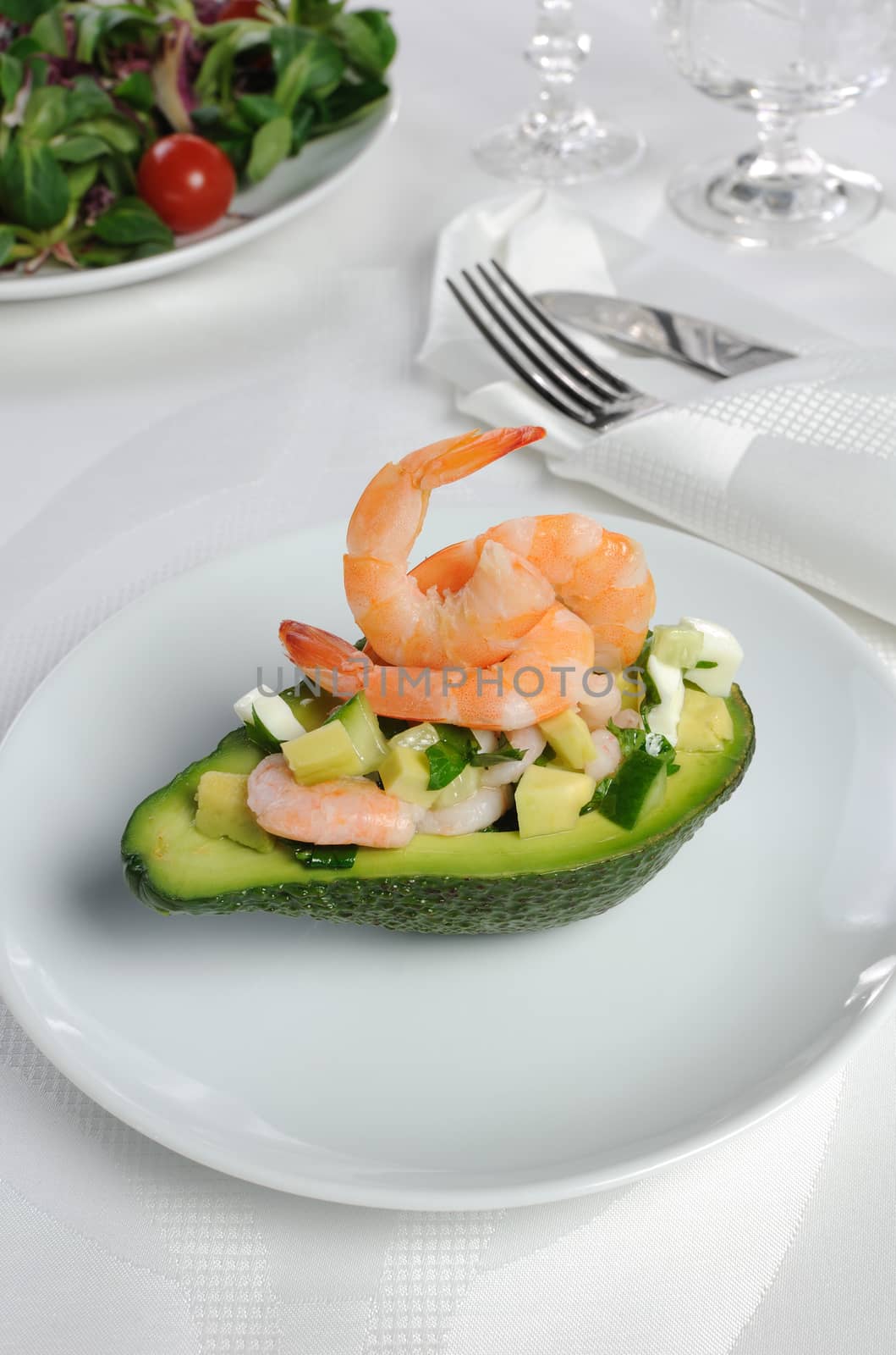 Appetizer of avocado with prawns by Apolonia