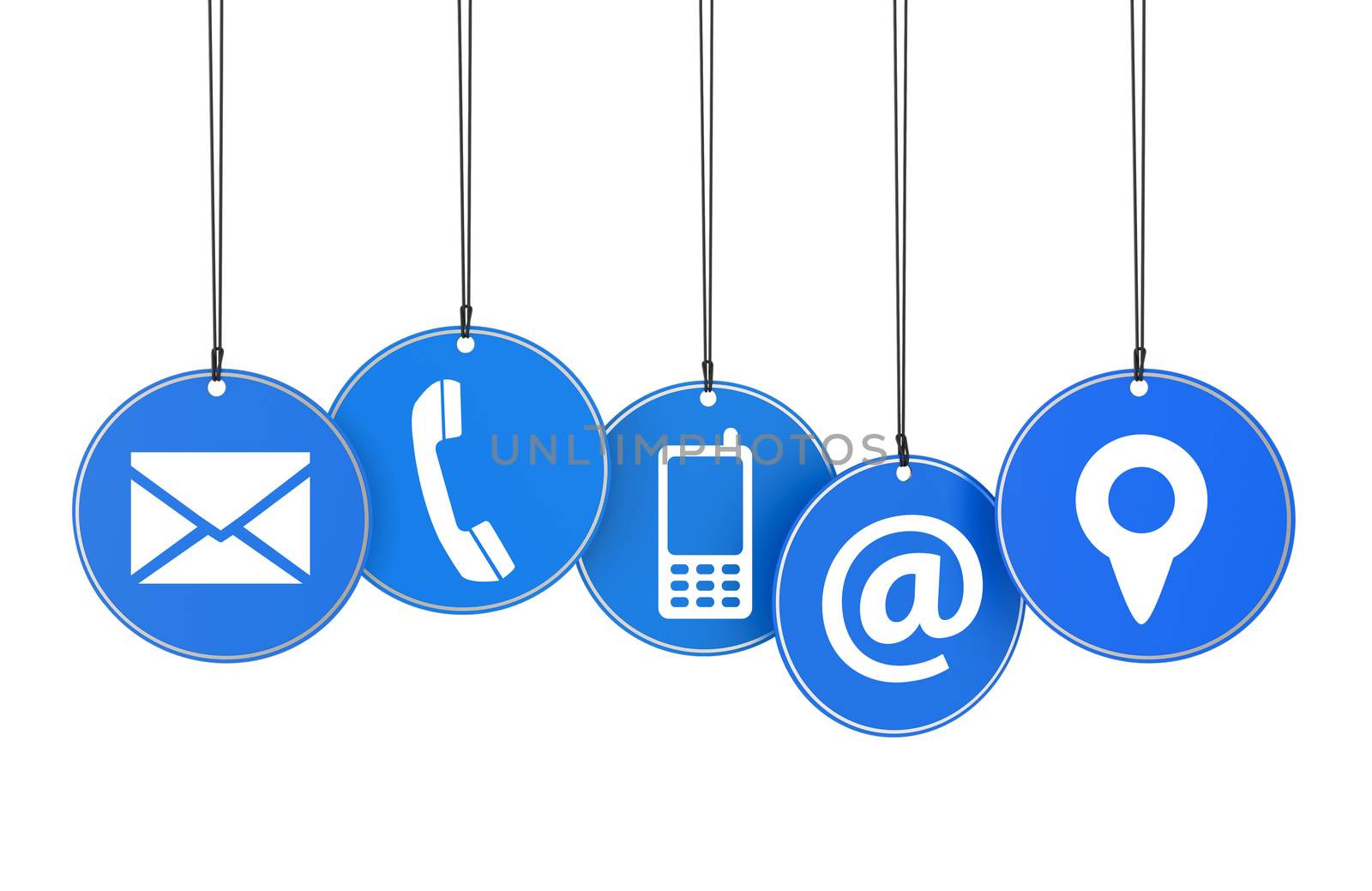 Website and Internet contact page concept with icons on blue hanged tags isolated on white background.