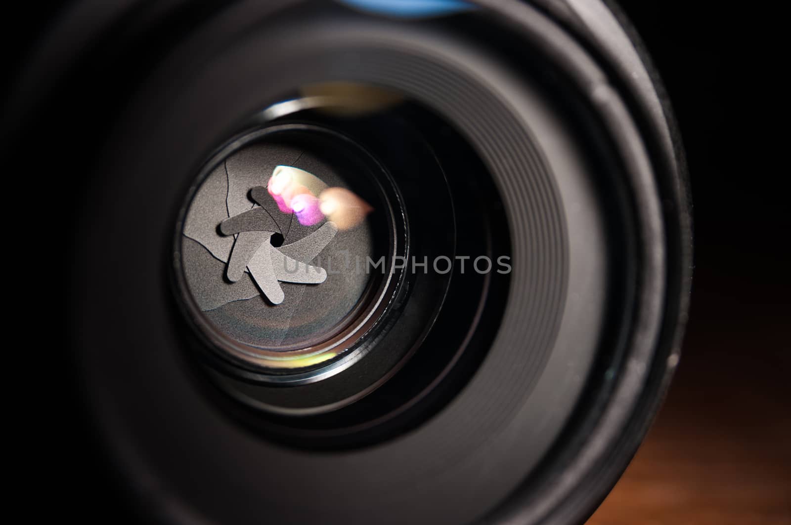 Close-up on the aperture in camera lens