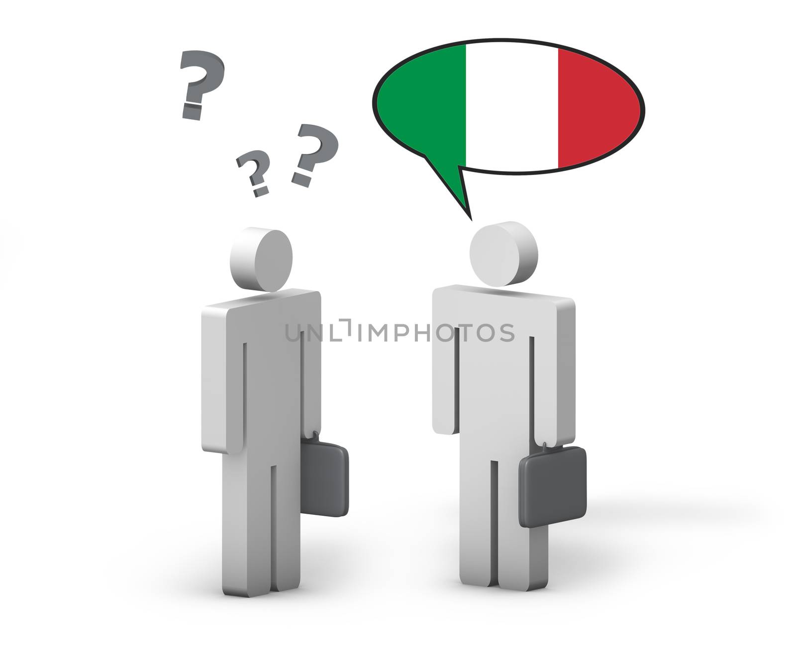 Business Italian concept with a funny conversation between two 3d people on white background. The man with the Italy flag on the speech cloud speaks a correct language, the other one no.